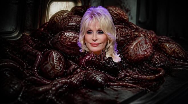 Dolly Parton’s Metamorphosis Into Glob of Writhing Pfizer-Logo-Imbued Clots Not Related to Jab  -Reports